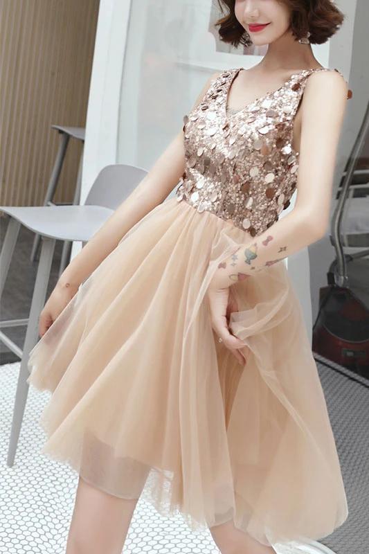 Champagne Sparkly V Neck Short Tulle Homecoming Dress, Shiny Above Knee Graduation Dress N2140