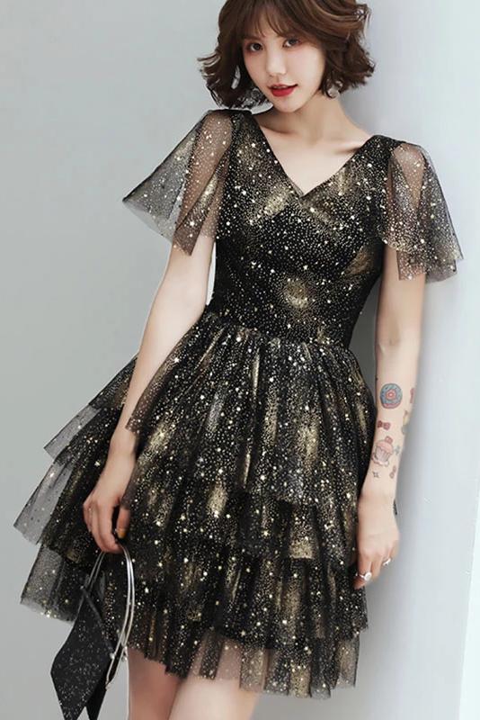 Black V Neck Tulle Short Prom Dress, Shiny Black Homecoming Dress with Sleeves UQ2144