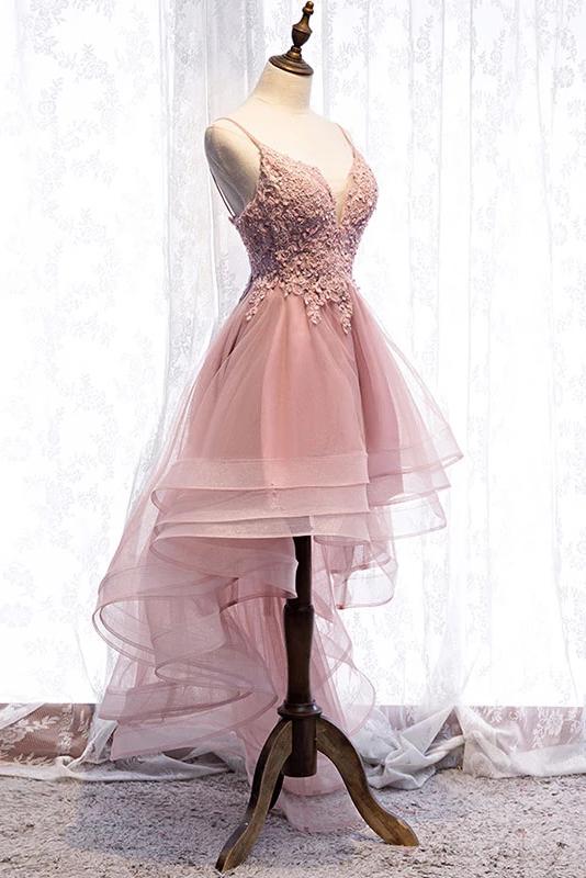 High Low Spaghetti Straps Tulle Homecoming Dresses with Appliques, Party Dress UQ2142