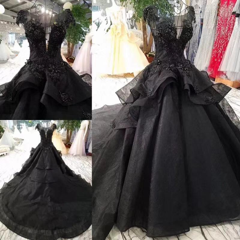 Gorgeous Black Ball Gown Wedding Dress with Cap Sleeves, Long Bridal Dress with Beads UQ1891