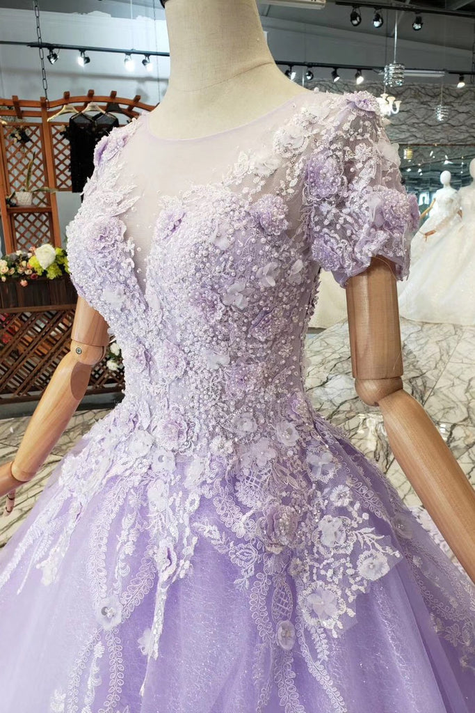 Lilac Ball Gown Short Sleeves Prom Dresses with Sheer Neck, Gorgeous Quinceanera Dress UQ1735