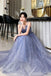 Unique Sparkle Straps Floor Length Tulle Prom Dress, A Line Sleeveless Evening Dresses UQ2101