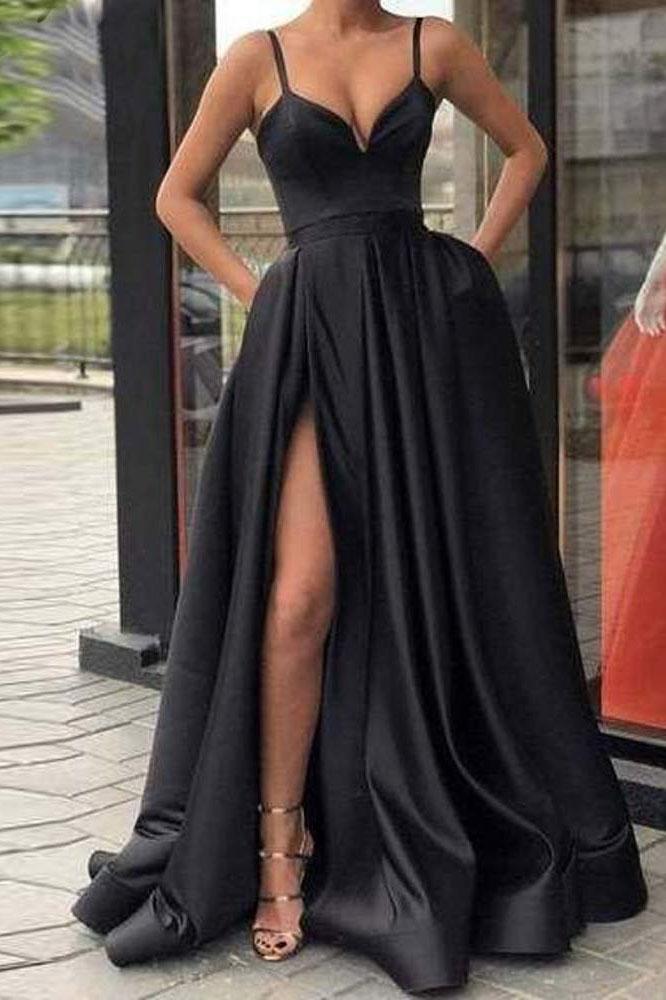Black Spaghetti Straps Split Long Satin Prom Dress, A Line Simple Long Formal Dress N2542