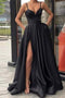 Black Spaghetti Straps Split Long Satin Prom Dress, A Line Simple Long Formal Dress UQ2542