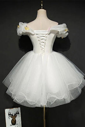 Ivory Off the Shoulder Princess Tulle Homecoming Dress, Mini Puffy Sweet 16 Dress UQ2145