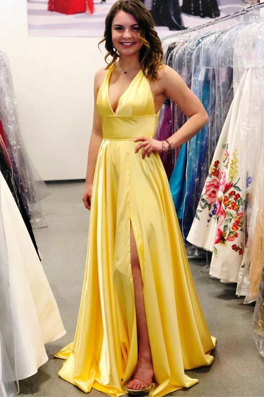 Yellow Deep V Neck Sleeveless Split Sweep Train Prom Dress, Long Formal Dress with Slit N1710