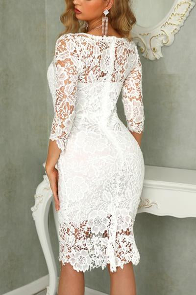 White Knee Length Lace Short Formal Dresses, Half Sheath Lace Homecoming Dress UQ2136