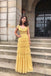 Retro Yellow V Neck Long Dress with Ruffles, Unique Floor Length Tulle Prom Dress N2245
