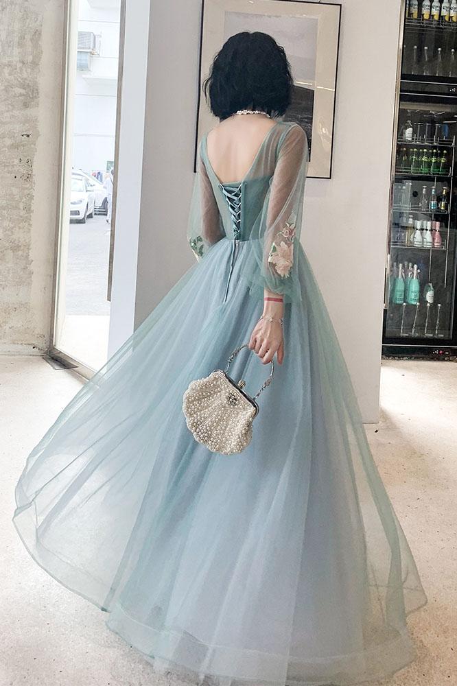 Elegant Long Sleeves Appliqued Tulle Prom Dress, Floor Length Appliques Evening Dress UQ2324