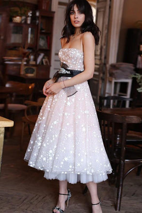 Spaghetti Strap Tea Length Starry Tulle Homecoming Dress with Belt, Party Dress UQ1884