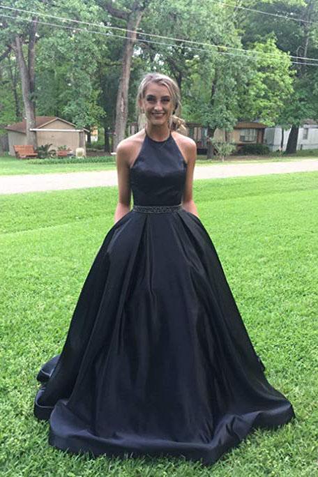 Black Halter Satin Prom Dress with Beading, Long Evening Dress with Pockets N2070