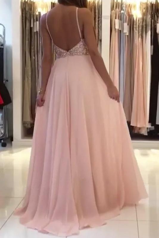 Blush Pink Chiffon Prom Dress with Beading Rhinstone, Flowy Backless Graduation Dress UQ1745