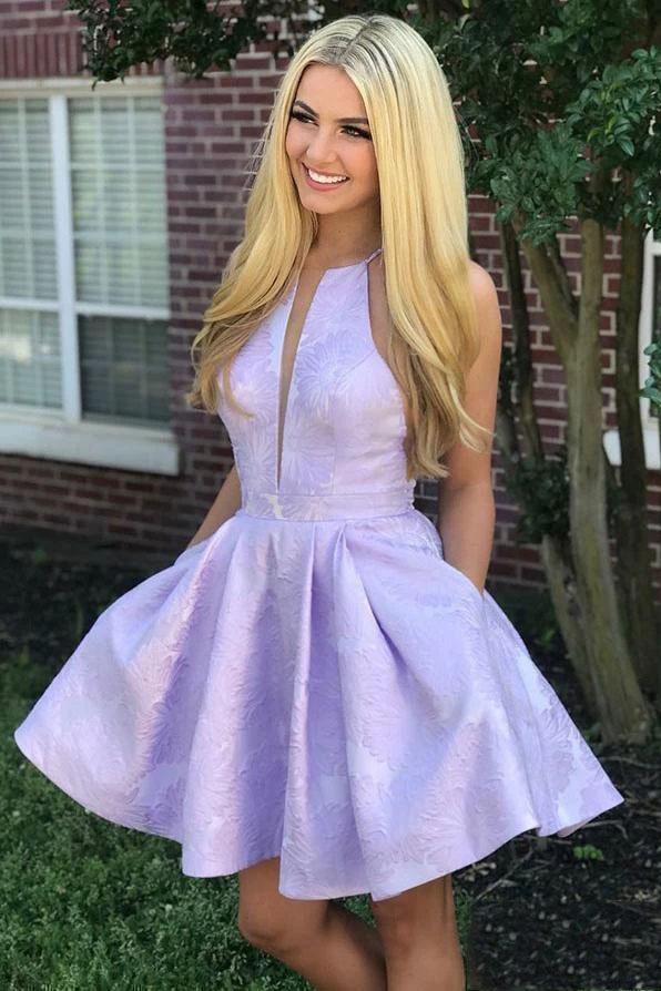 Lilac Jacquard Floral Homecoming Dresses with Pocket Halter Short Grad Uniquedresss Lilac Jacquard Floral Homecoming Dresses with Pocket Halter Short Grad Uniquedresss