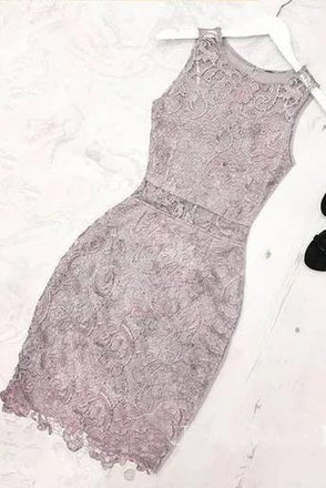 Sheath Jewel Sleeveless Lace Short Homecoming Dresses, See Through Mini Prom Gown UQ2168