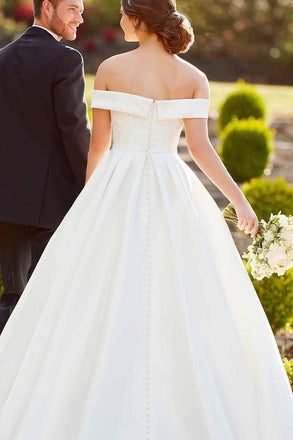 Simple A-Line Off the Shoulder Button Covered Long Wedding Dress, Bridal Dress UQ1768