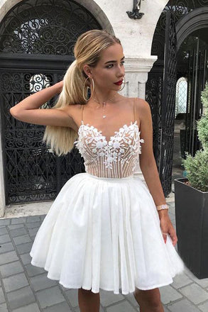 White Spaghetti Straps Homecoming Dress with Appliques, Cocktail Dresses UQH0042