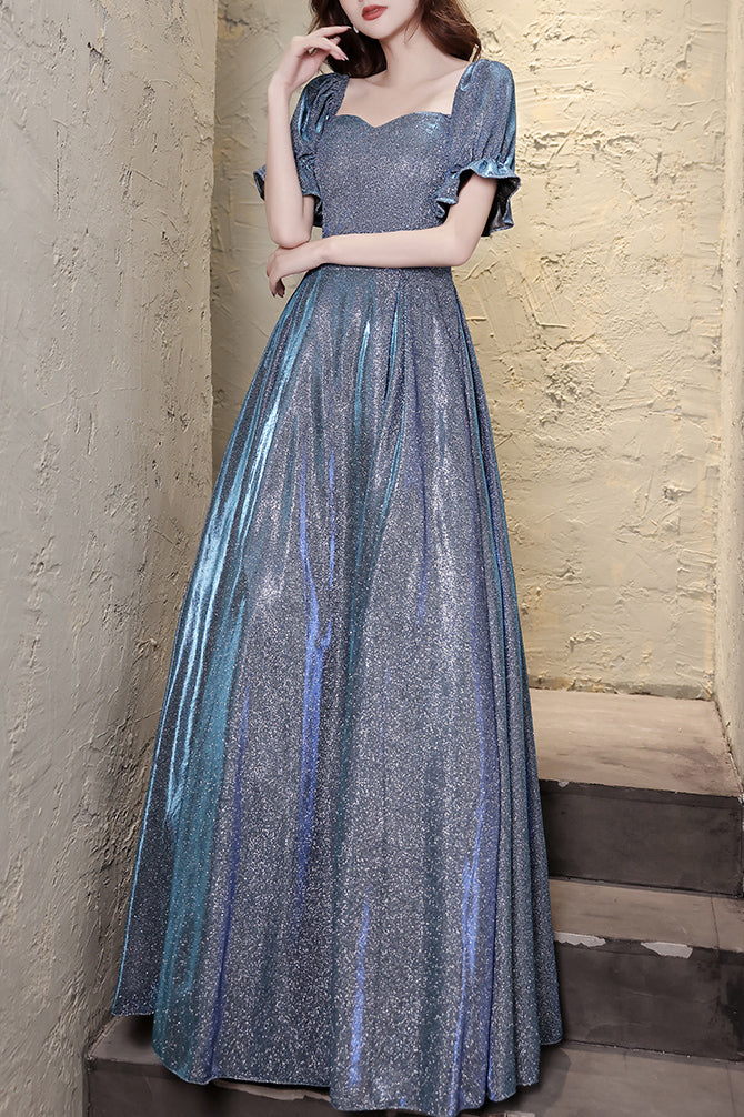 Sparkly Blue Floor Length Prom Dress with Short Sleeves, Glitter Evening Dress UQP0049