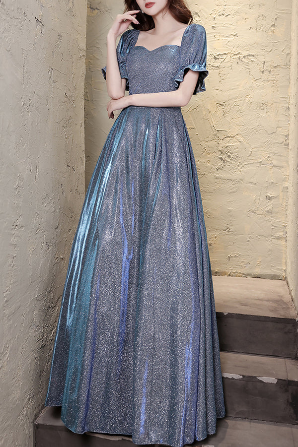 Sparkly Blue Floor Length Prom Dress with Short Sleeves, Glitter Eveni