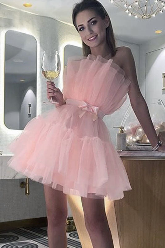 Light Pink Strapless Tulle Short Homecoming Dress with Sash, Short Prom Gown UQH0112
