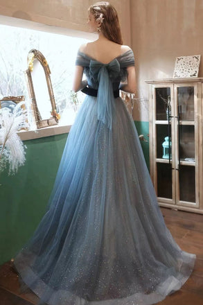 Blue Off the Shoulder Tulle Long Prom Dress with Sash, Sparkly Formal Gown UQP0138