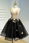 A Line Black V Neck Lace Up Homecoming Dresses Sleeveless Knee Length Prom Dress UQH0054