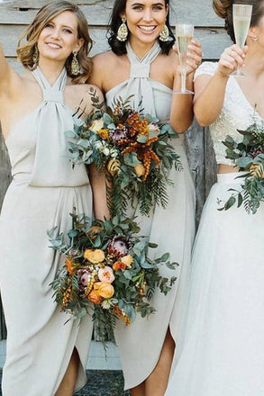 Unique Halter Neck Tea Length Sheath Bridesmaid Dresses with Slit UQ2076