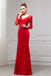 Red Long Sleeves V Neck Mermaid Floor Length Evening Dress with Lace UQ2330