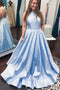 Light Blue Jewel Open Back Long Prom Dress with Pearls, A Line Sleeveless Formal Dress UQ2576