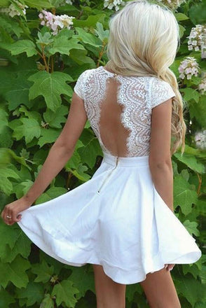 White Cap Sleeves Mini Homecoming Dresses, Open Back Graduation Dress with Lace UQ1802