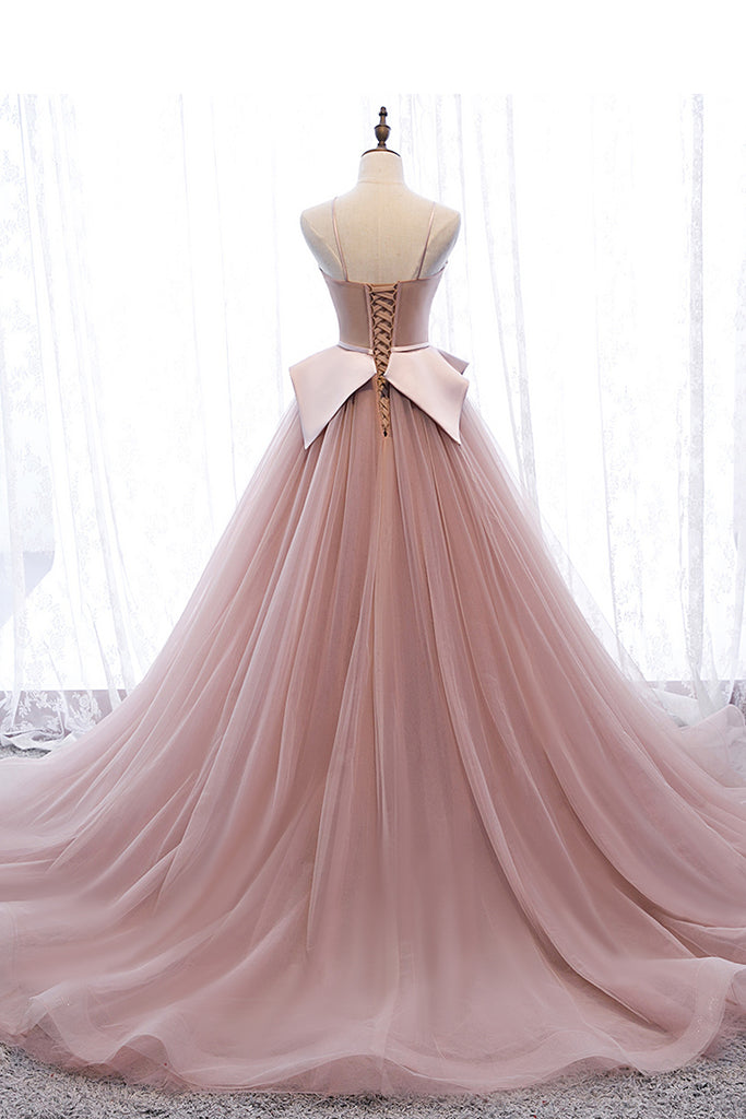 Pink Spaghetti Straps Tulle Long Formal Prom Dress, Unique Long Wedding Dess UQP0053