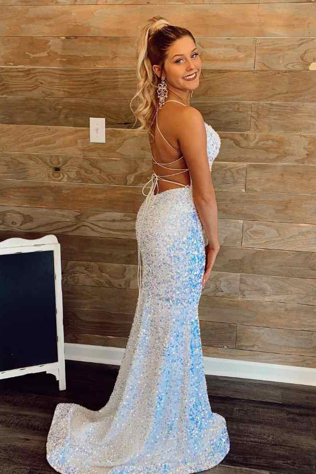 Sparkly Spaghetti Straps Sequined Mermaid White Formal Prom Dress, Party Dresses UQP0056