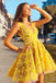 Fashion V neck Yellow Short Lace Prom Dress, A Line Short Homecoming Dress N2187