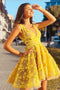 Fashion V neck Yellow Short Lace Prom Dress, A Line Short Homecoming Dress UQ2187