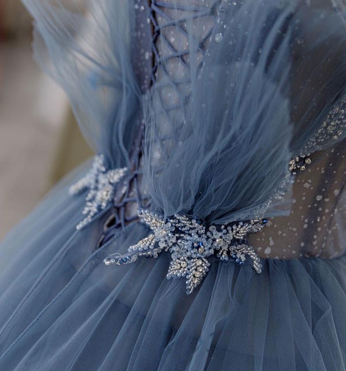 Gorgeous Blue Sparkly Tulle Beaded Prom Dress, Tiered Formal Gown with Rhinestone UQP0142