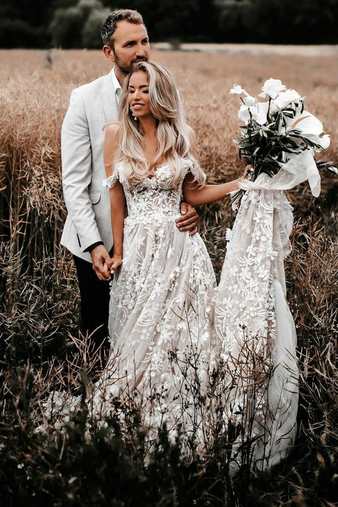 Charming Off the Shoulder Lace Appplique Beach Wedding Dress, Bridal D Uniquedresss Charming Off the Shoulder Lace Appplique Beach Wedding Dress, Bridal D Uniquedresss