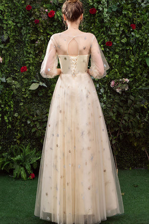 Floor Length Long Sleeve Tulle Evening Dress with Appliques, Prom Gown UQ2319