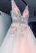 Light Pink V Neck Sleeveless Tulle Prom Dress with Flowers and Beads UQ2388