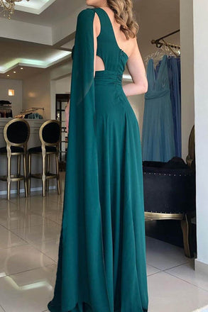Emerald Green One Shoulder Chiffon Prom Dress, Floor Length Evening Gown UQP0092