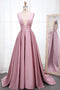 Simple V Neck Sleeveless Long Prom Dress, A Line Ruched Long Evening Dresses UQ2272