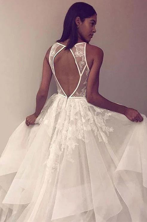A Line Sleeveless Tulle Prom Dress with Lace Appliques, Beach Wedding Dress UQ2443
