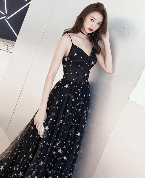 Black Spaghetti Straps Tulle Prom Dress with Stars, Floor Length Long Evening Dress UQ2580