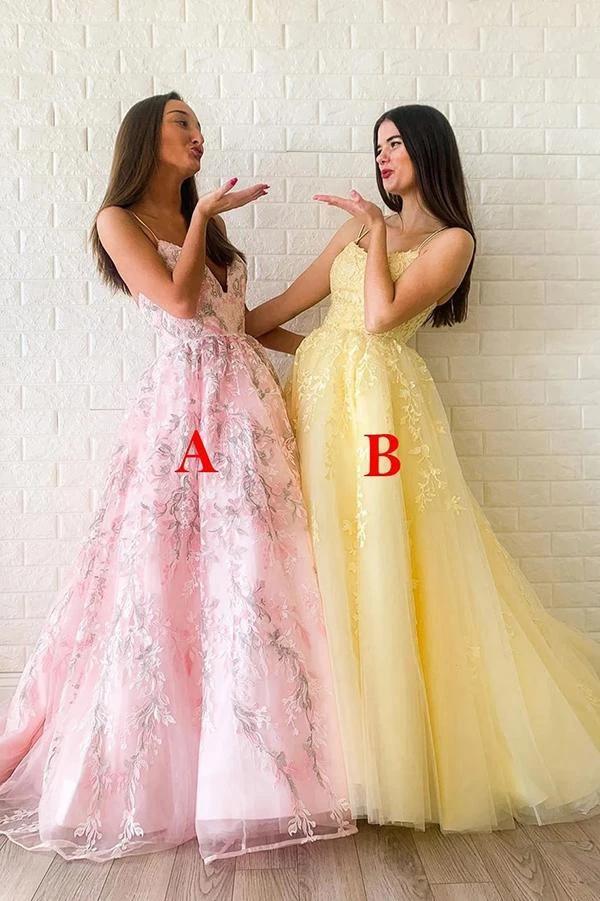 Modest Tulle A-line Appliques Spaghetti Straps Floor Length Lace Prom Dress N2611