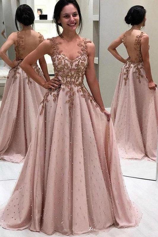Luxury Beaded Long Prom Dresses, A-line Popular Appliqued See Through Evening Dresses N2412