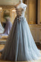 Beautiful Sheer Neck Long Tulle Prom Dress with Flowers, A Line Cap Sleeves Party Dresses UQ2453