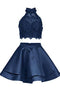 Two Piece Navy Blue High Neck Homecoming Dress with Lace, A Line Satin Graduation Dress UQ1853