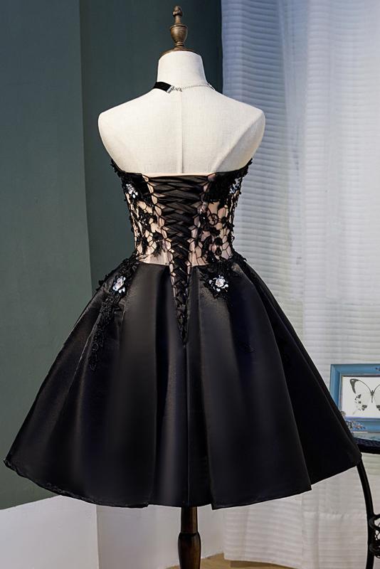 Black Strapless Satin Homecoming Dress with Lace, Graduation Dress with Crystals UQ1980