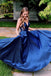 Royal Blue Simple V Neck Satin Prom Dress, A Line Spaghetti Straps Long Evening Dress N2088
