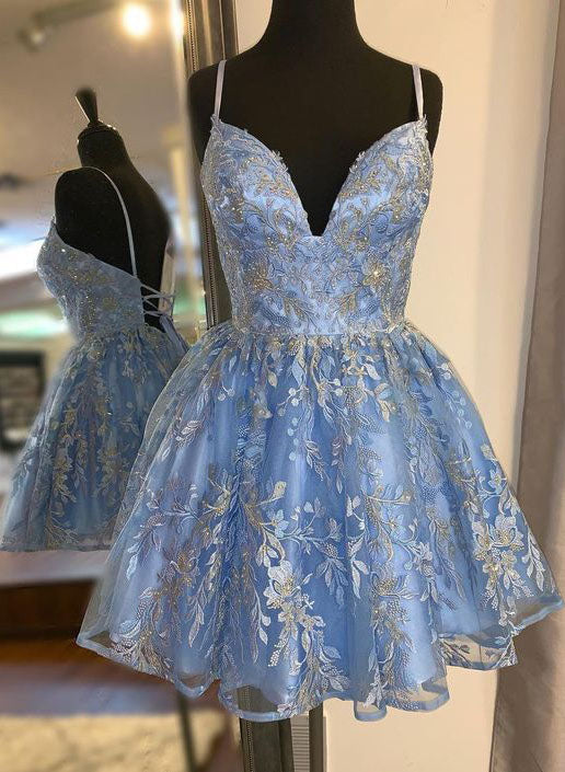 Blue Spaghetti Straps Tulle A-line Homecoming Dresses with Lace Appliques UQH0119