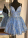 Blue Spaghetti Straps Tulle A-line Homecoming Dresses with Lace Appliques UQH0119