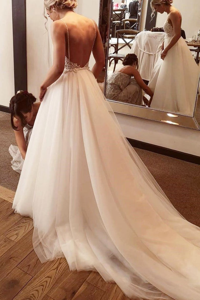Ivory Backless Spaghetti Straps Tulle Beach Wedding Dresses, Lace Applique Bridal Dress UQ2415